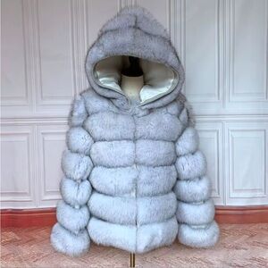 Luxurious real Fur Hooded Jacket - white/gray silver fox